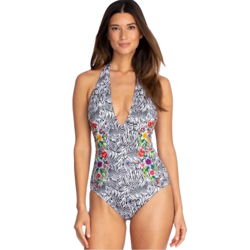 Johnny Was Spring Haltered Zebra Printed Floral Embroidered One-Piece Swimsuit